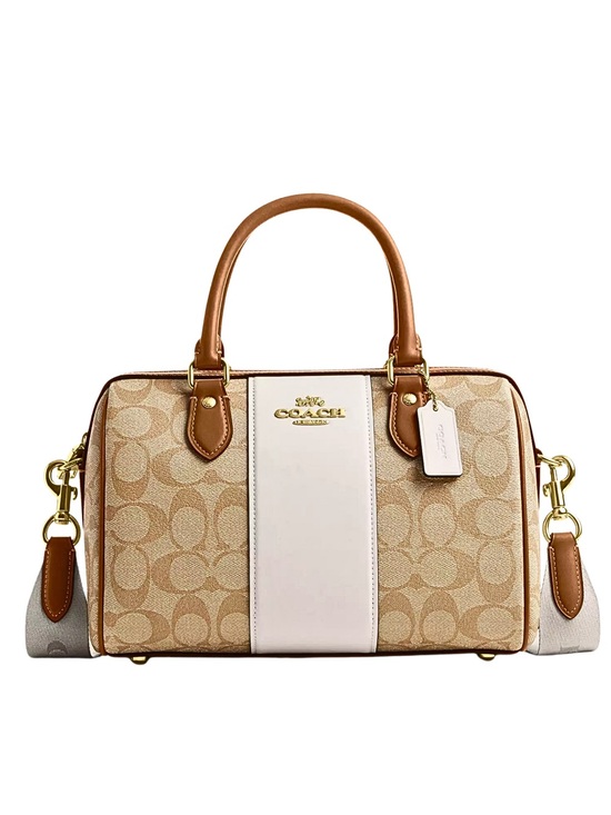 Coach Handbags - Coach Beige Signature Canvas and White Stripe Satchel with Tan Leather Trim